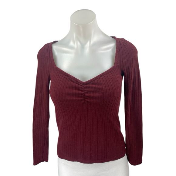 Madewell Maroon Red Rib knit Sweetheart Neck Long Sleeve Slim Sweater Top Sz XS - Picture 1 of 4
